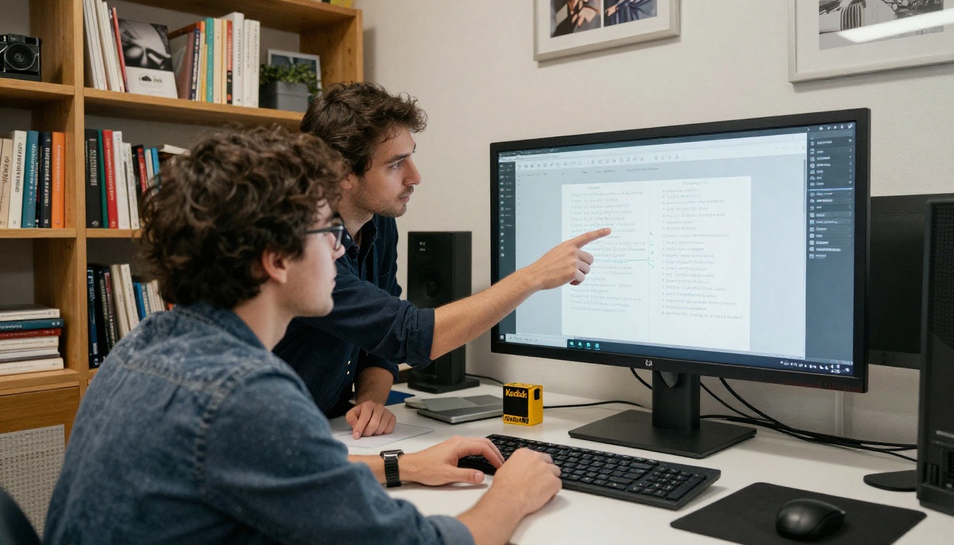 Two colleagues reviewing a digital portfolio on a large monitor Two colleagues reviewing a digital portfolio on a large monitor