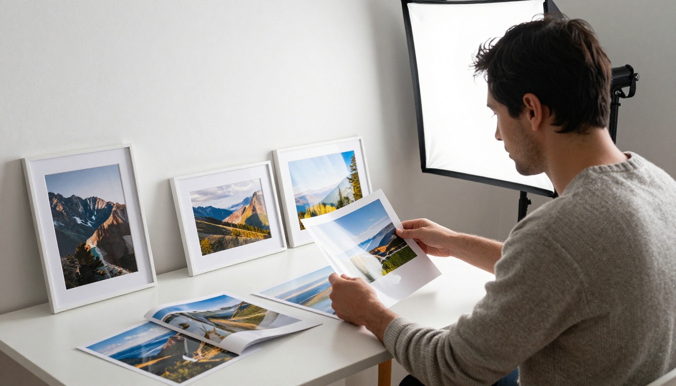 A photographer reviewing a printed portfolio A photographer reviewing a printed portfolio