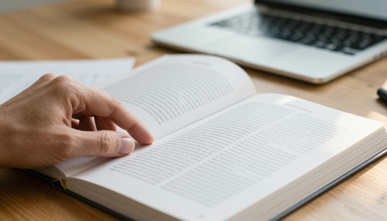 A hand turning a page of a printed catalog with a laptop in the background A hand turning a page of a printed catalog with a laptop in the background