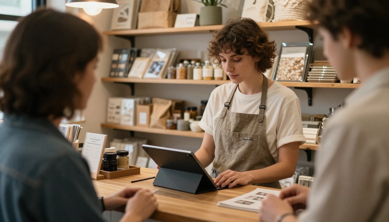A shop owner showing a digital catalog on a tablet A shop owner showing a digital catalog on a tablet