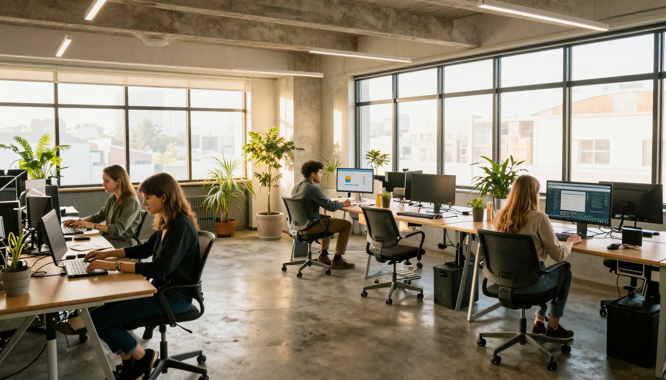 Co-workers in a sunlit shared office, one sharing a screen with a teammate Co-workers in a sunlit shared office, one sharing a screen with a teammate