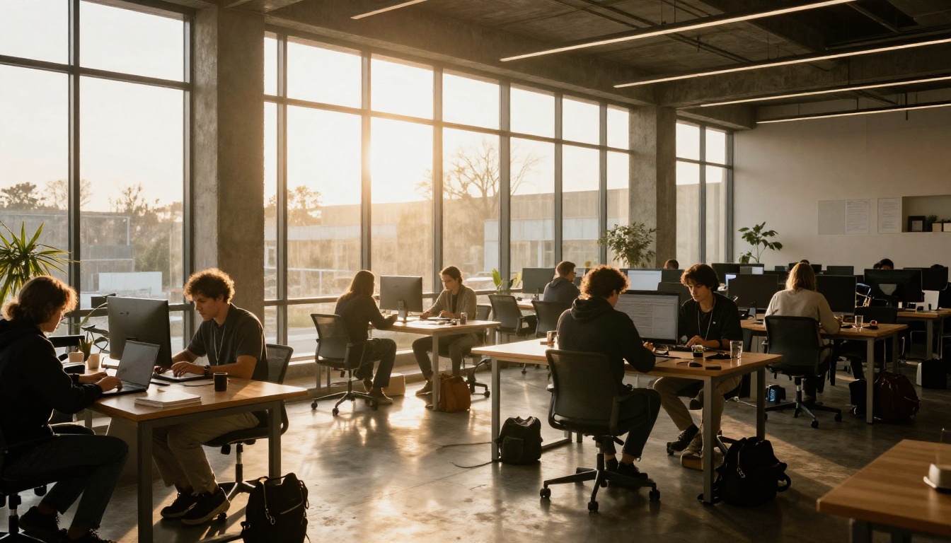 A writer working in a bright co-working space at golden hour A writer working in a bright co-working space at golden hour