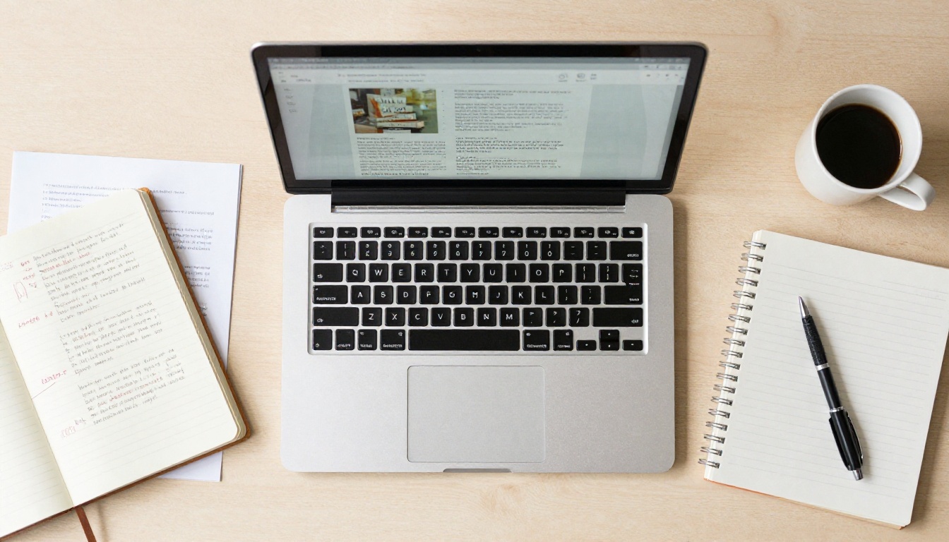 Overhead view of a desk with a laptop and paperbacks Overhead view of a desk with a laptop and paperbacks