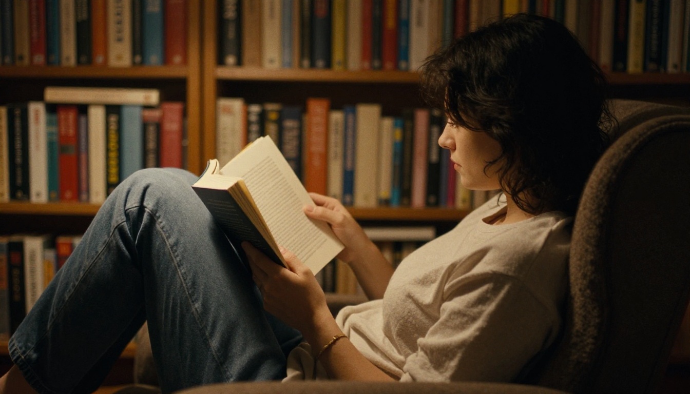 Reader curled in an armchair holding an unfinished paperback Reader curled in an armchair holding an unfinished paperback