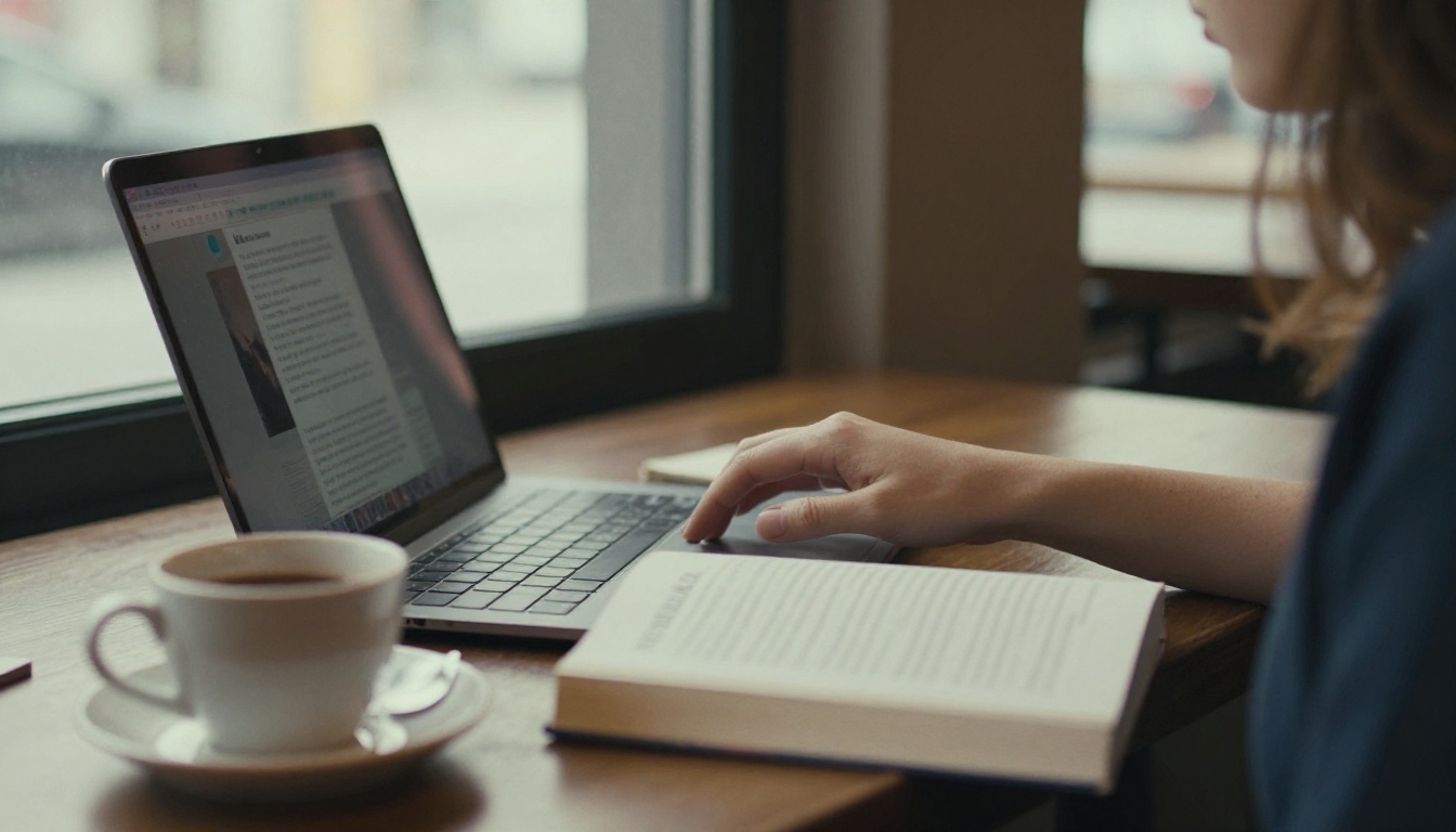 Woman typing a book review on a laptop in a café Woman typing a book review on a laptop in a café