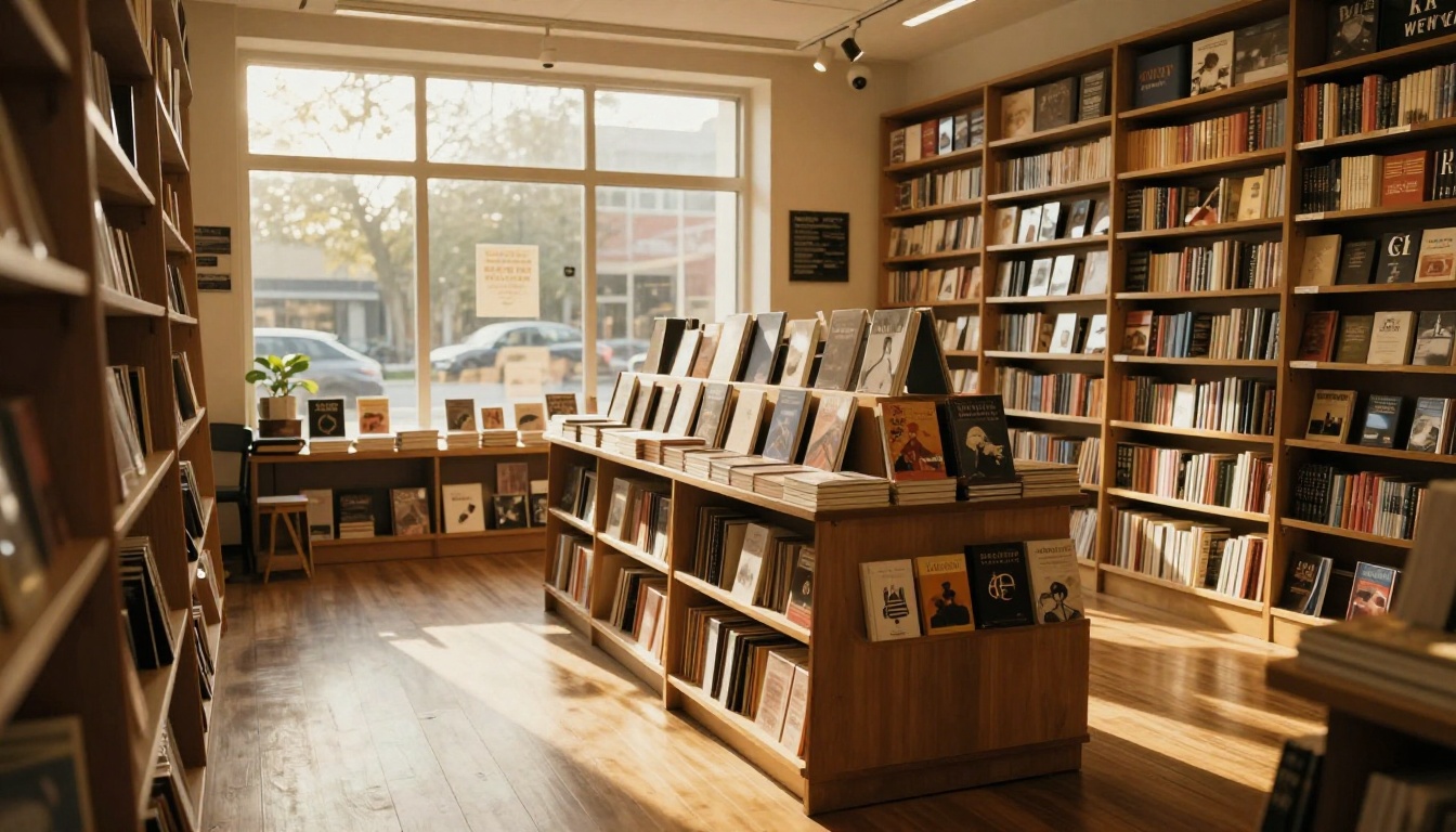 Bookstore interior with a new releases table Bookstore interior with a new releases table