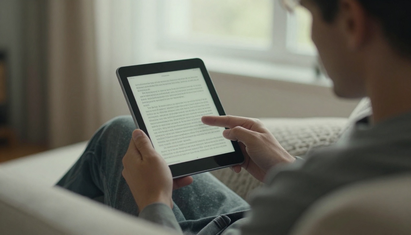 Man reading an ebook on a tablet on a sofa Man reading an ebook on a tablet on a sofa