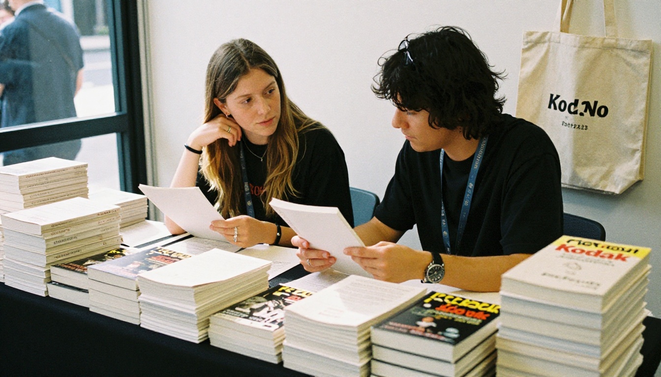 Two authors chatting at a book festival table Two authors chatting at a book festival table