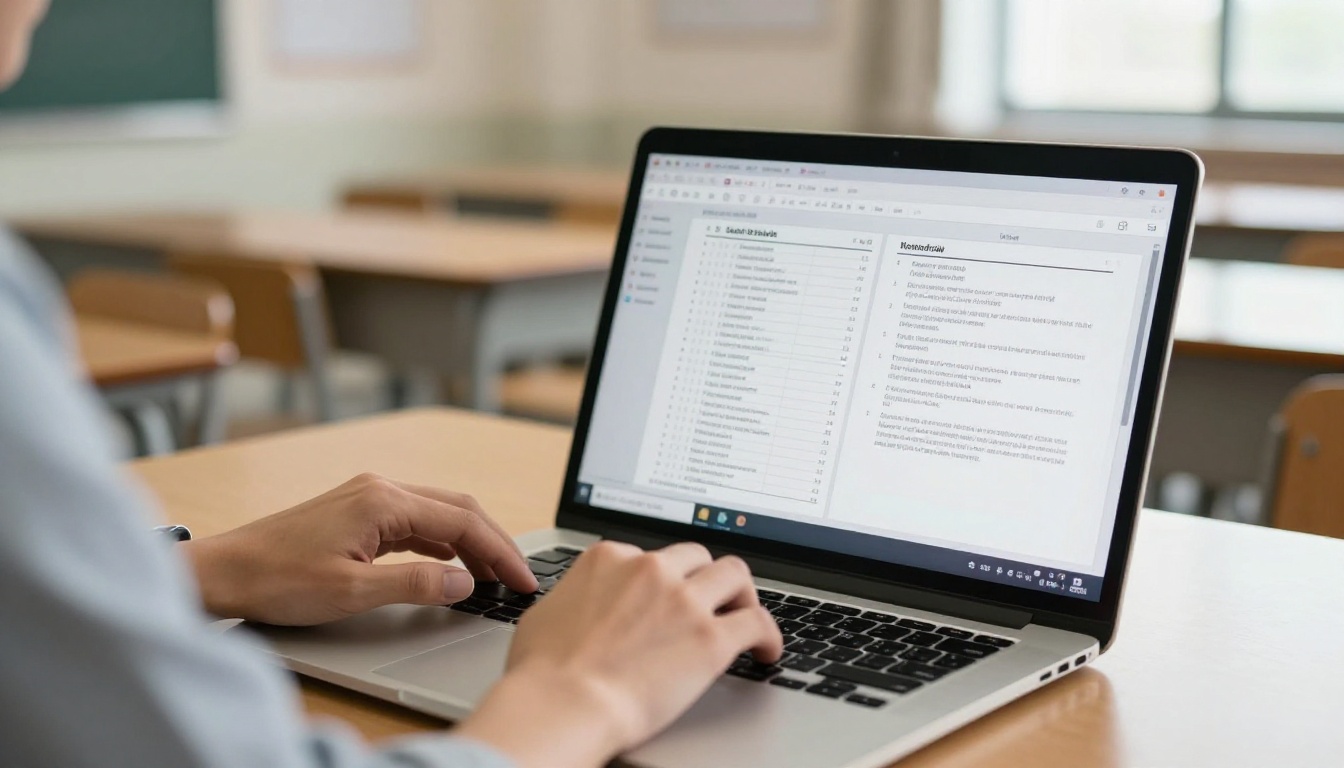 Teacher reviewing a school handbook PDF with an accessibility checklist