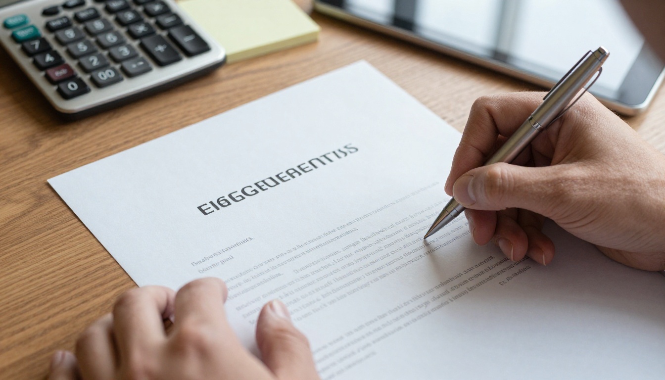 Accountant signing a service agreement on an oak desk Accountant signing a service agreement on an oak desk