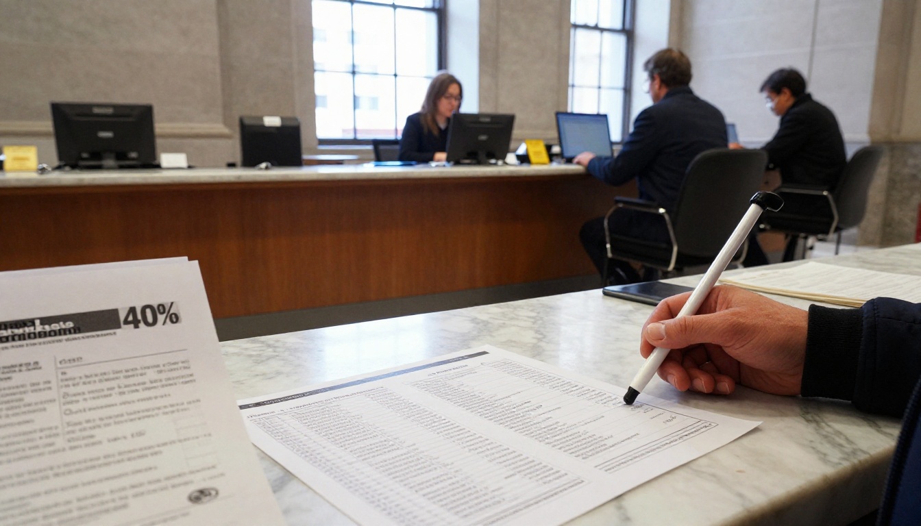 City hall counter where a clerk helps a visitor with large print forms