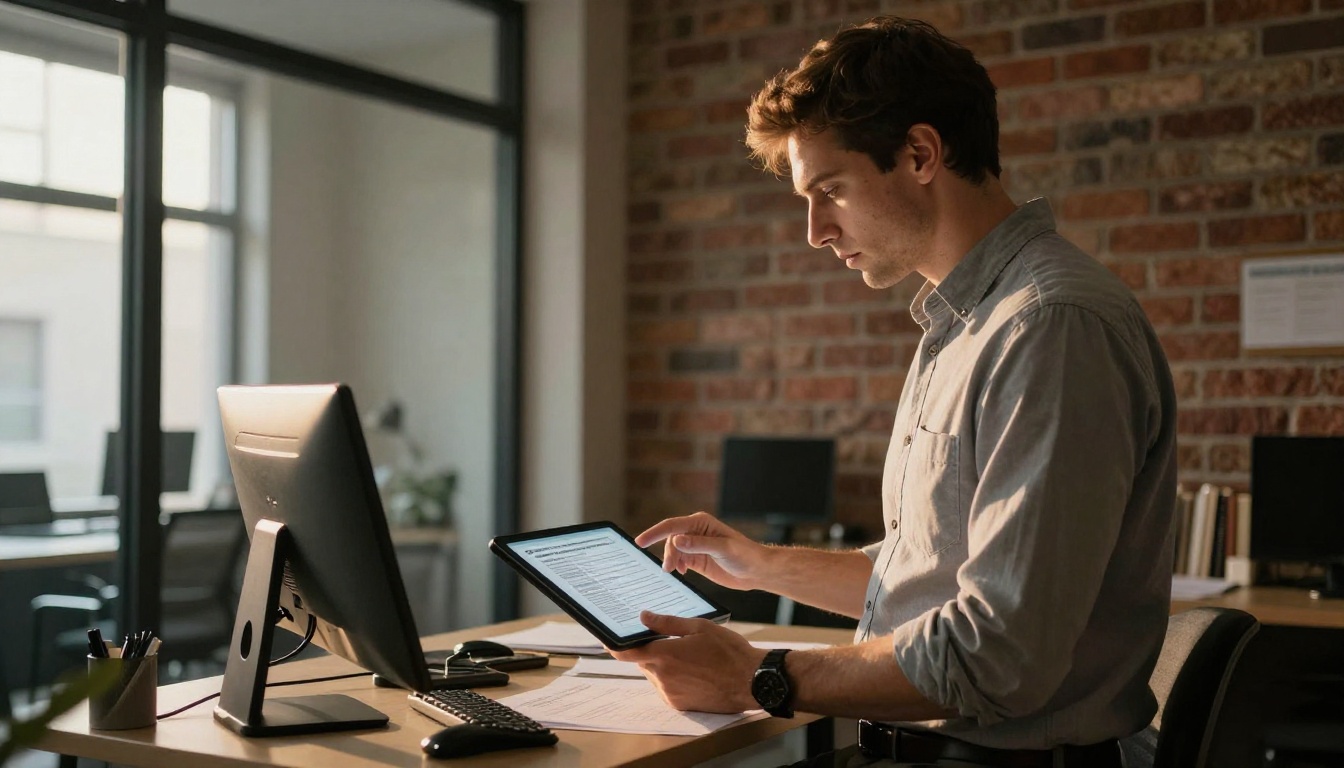 Bookkeeper reviewing client documents on a tablet Bookkeeper reviewing client documents on a tablet