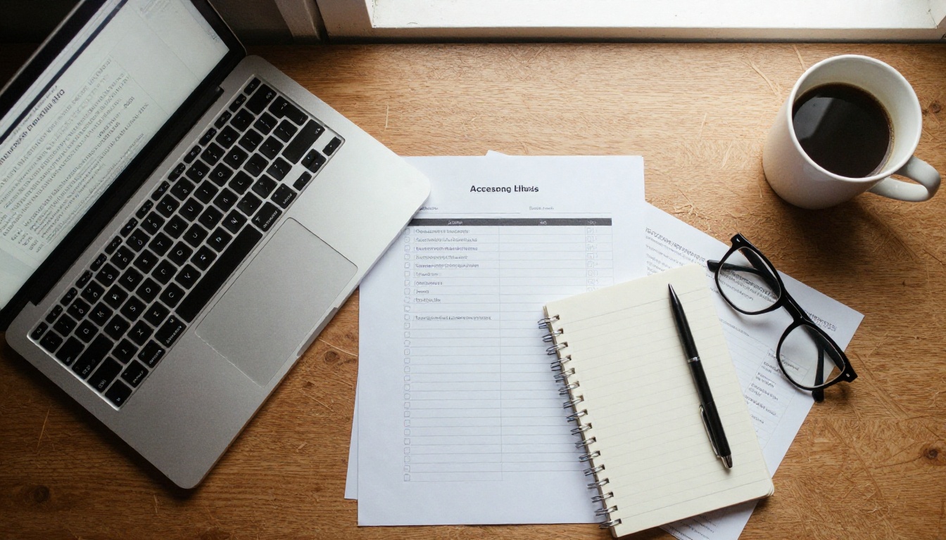 Wooden desk with a laptop showing an accessibility report and a checklist