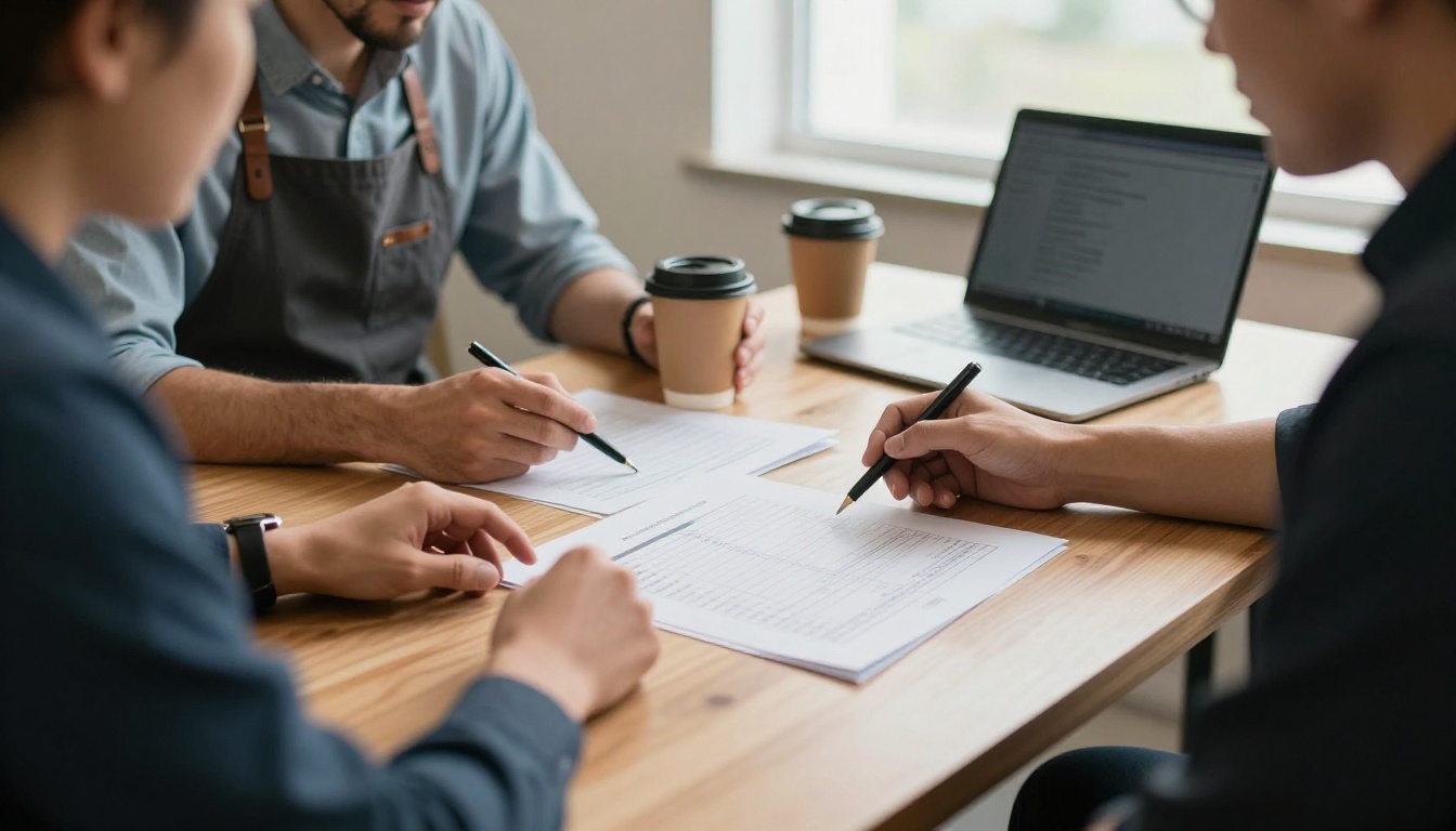 Two accountants presenting a proposal to a small business owner Two accountants presenting a proposal to a small business owner