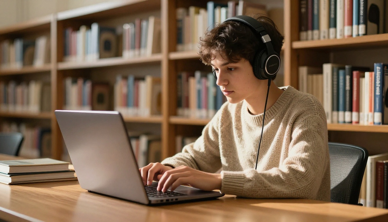 Student using a screen reader on a laptop in a school library