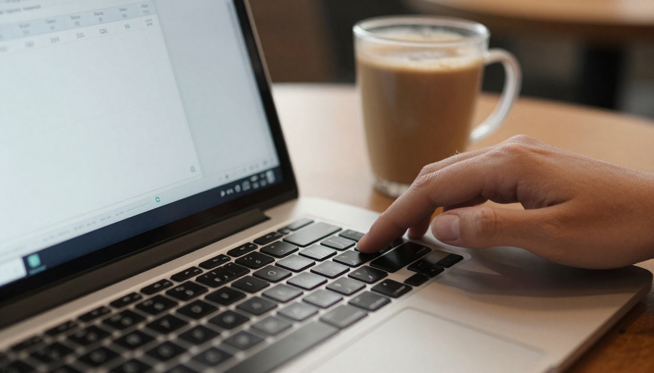 Accountant reviewing a spreadsheet on a laptop at a cafe table Accountant reviewing a spreadsheet on a laptop at a cafe table