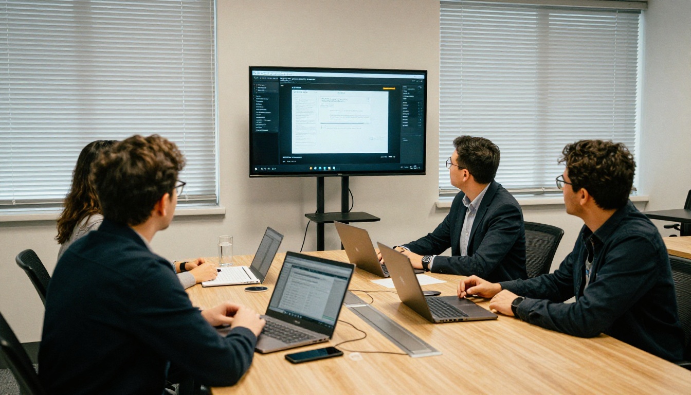 Government IT team comparing software on a wall display in a meeting room