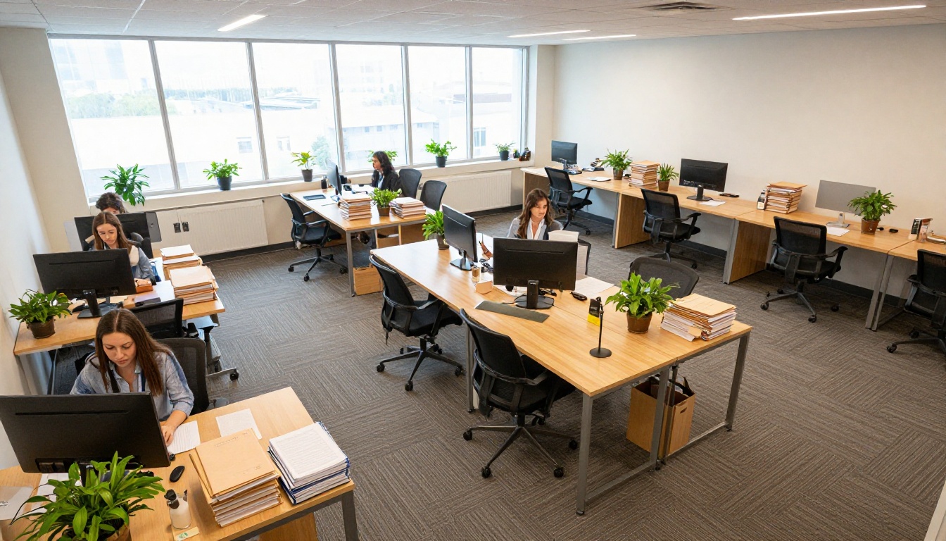 Aerial view of a shared office floor with accountants at desks Aerial view of a shared office floor with accountants at desks