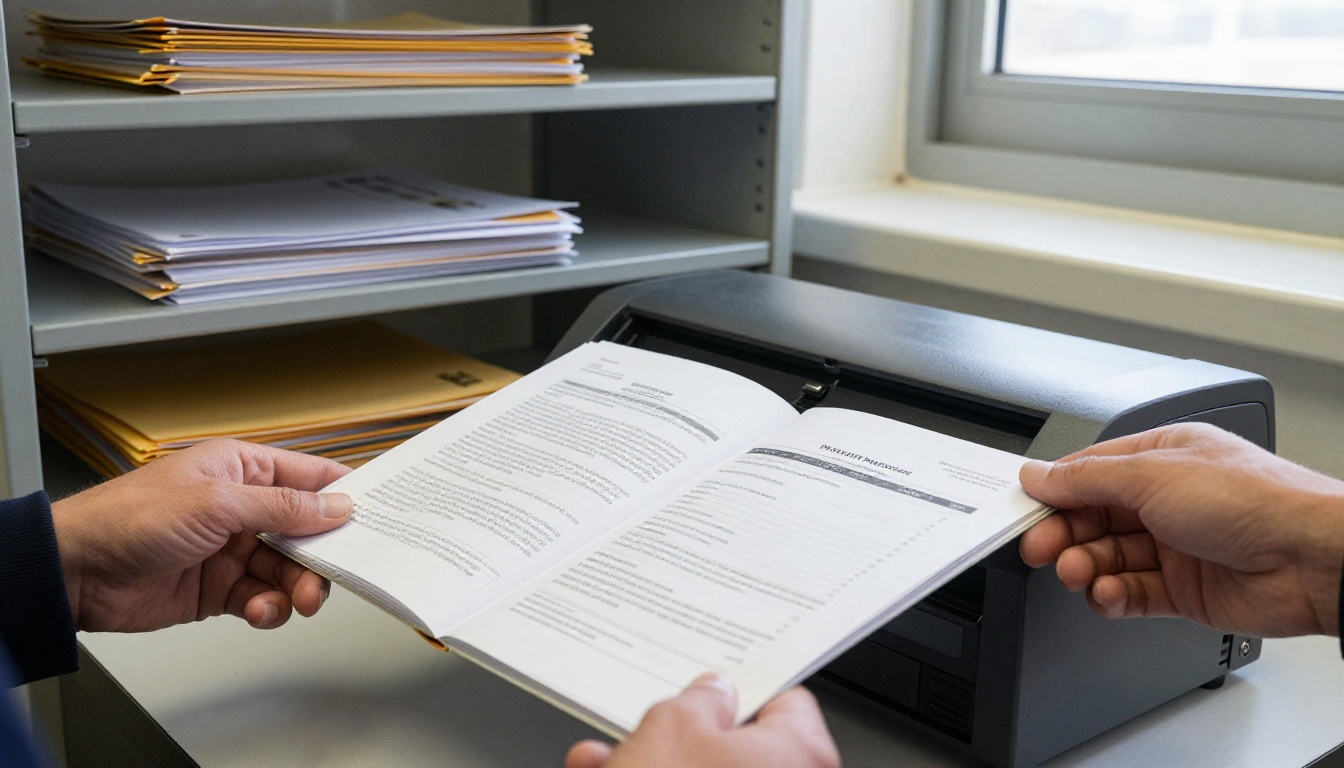 A clerk placing a printed budget binder on a scanner A clerk placing a printed budget binder on a scanner