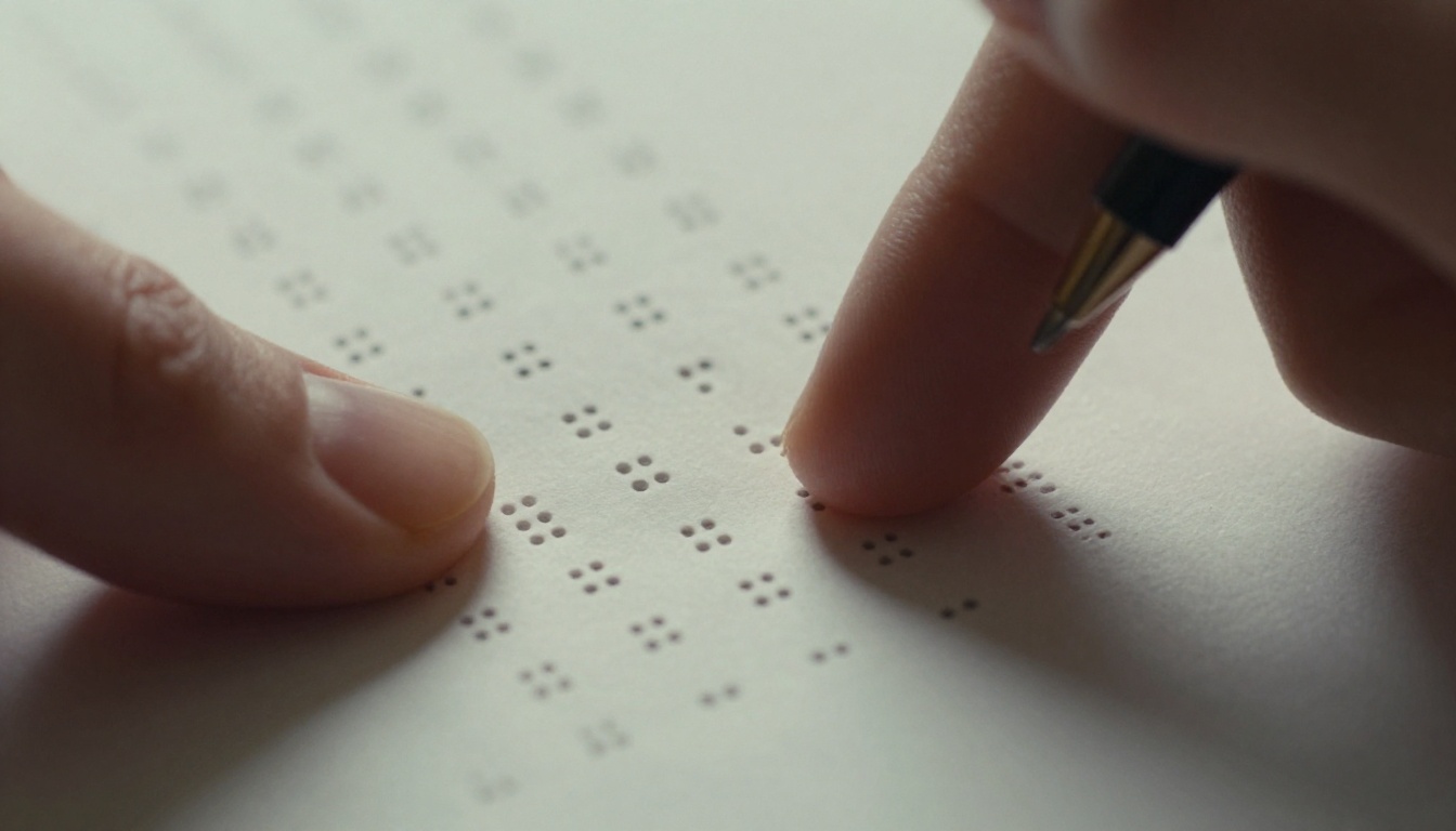 Hands reading a braille page beside a printed document