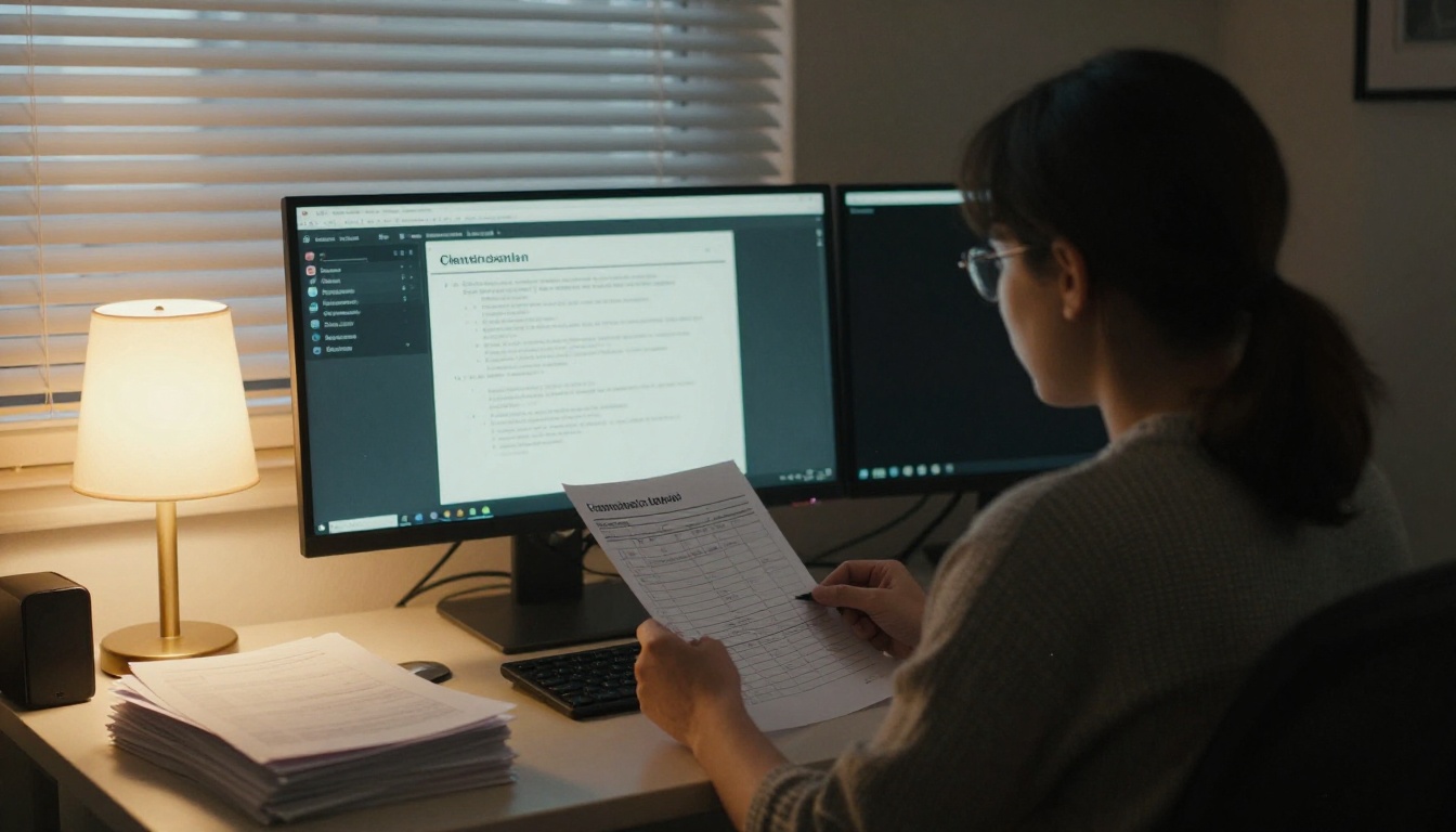 Bookkeeper reviewing an onboarding checklist on dual monitors Bookkeeper reviewing an onboarding checklist on dual monitors