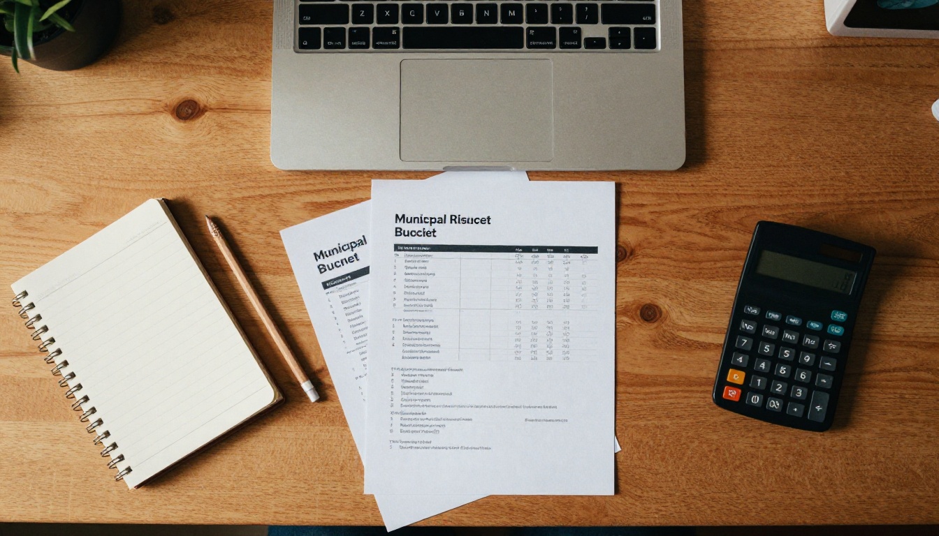 Overhead view of a desk with a laptop, budget document and calculator Overhead view of a desk with a laptop, budget document and calculator
