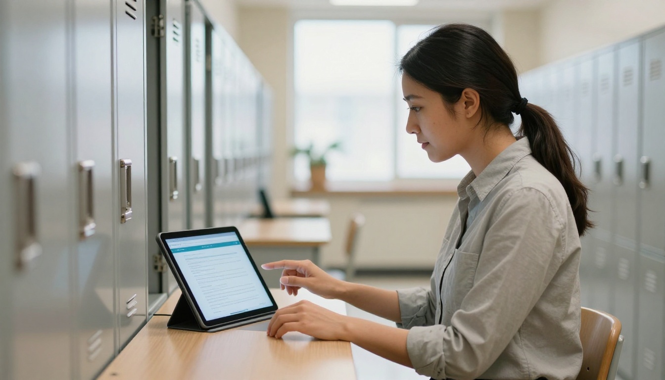 School principal and web coordinator reviewing a tablet in a school corridor