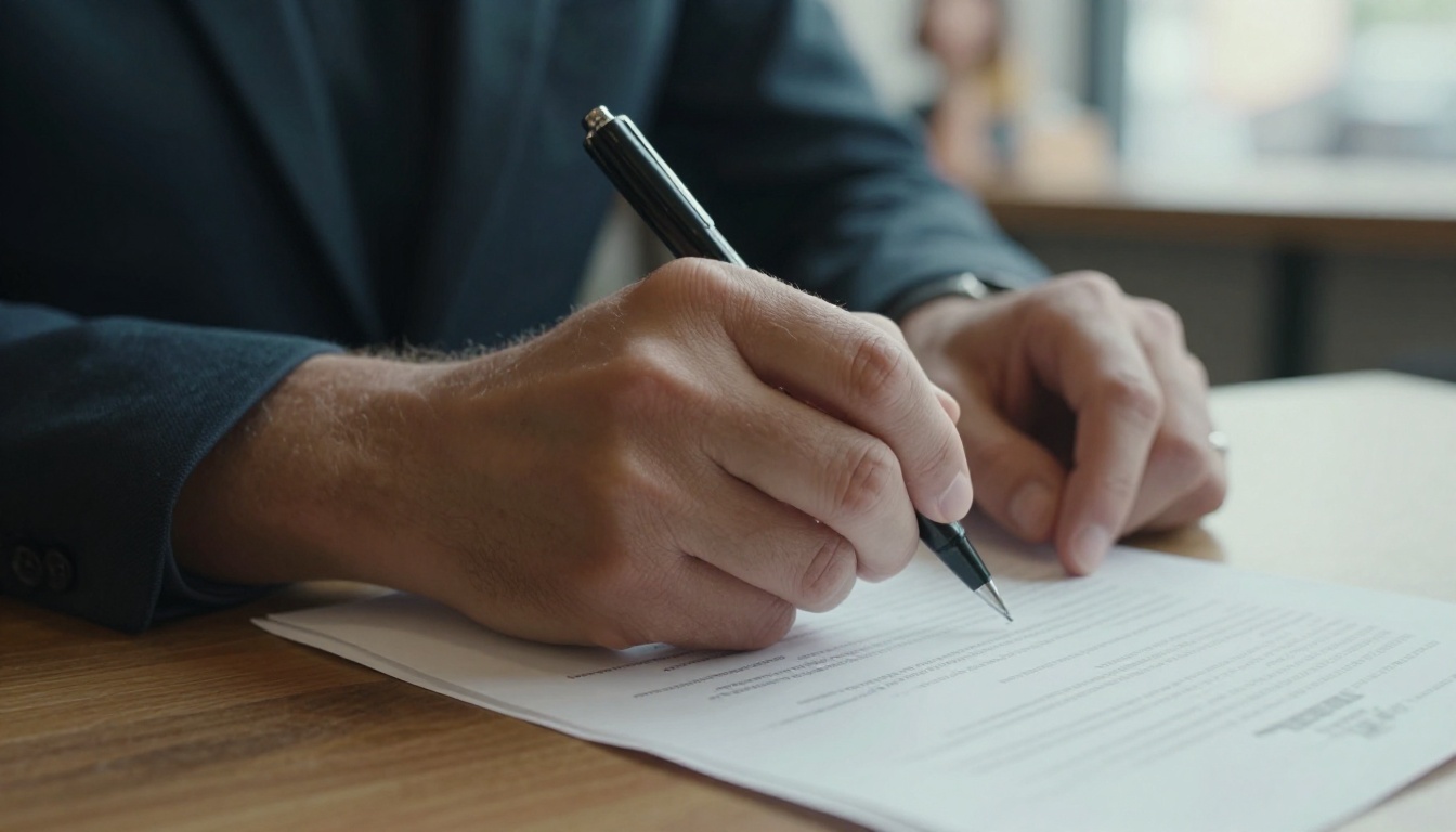 Accountant hands holding a proposal and pen over a small table Accountant hands holding a proposal and pen over a small table