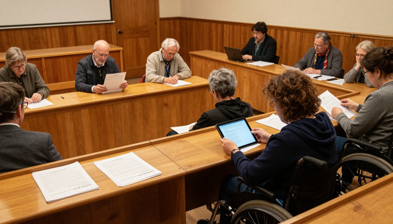 Community town hall with accessible printed agendas and a tablet at the front row