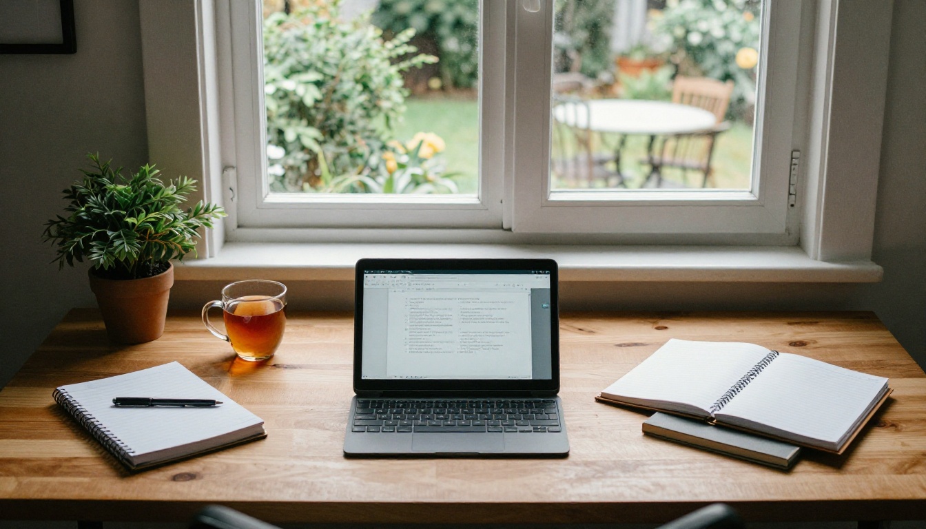 Bookkeeper's home office desk with tablet and notebooks Bookkeeper's home office desk with tablet and notebooks