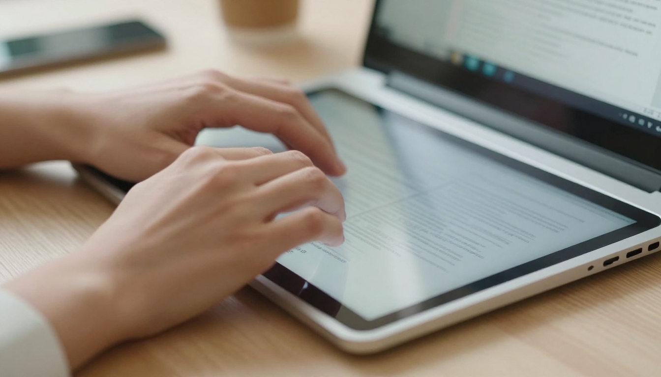 Hands on a laptop with a tablet showing a page-turning digital publication