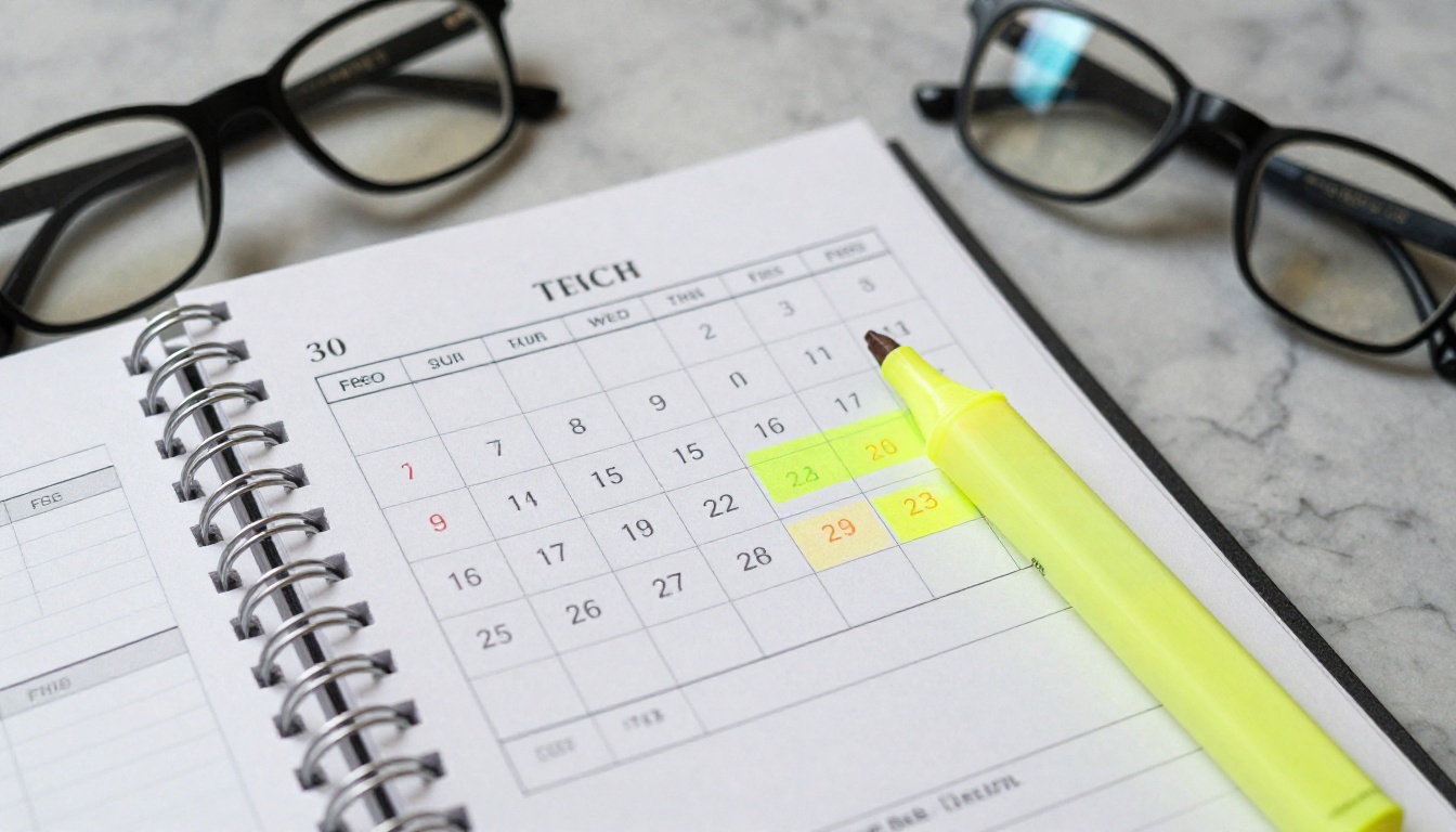 Calendar planner and fee schedule on a marble desk Calendar planner and fee schedule on a marble desk