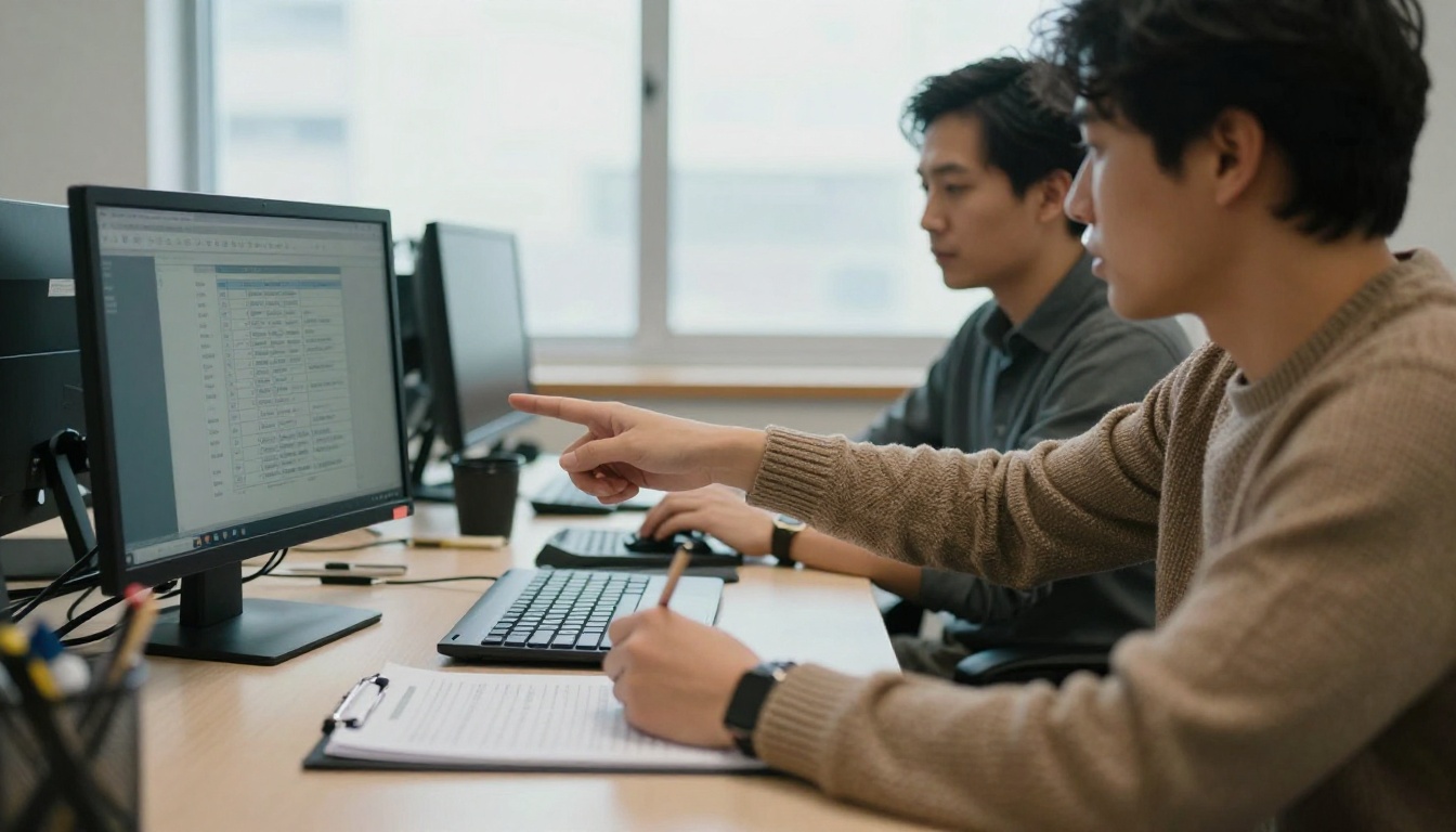 Two finance staff reviewing a budget on a laptop and a printed spreadsheet Two finance staff reviewing a budget on a laptop and a printed spreadsheet