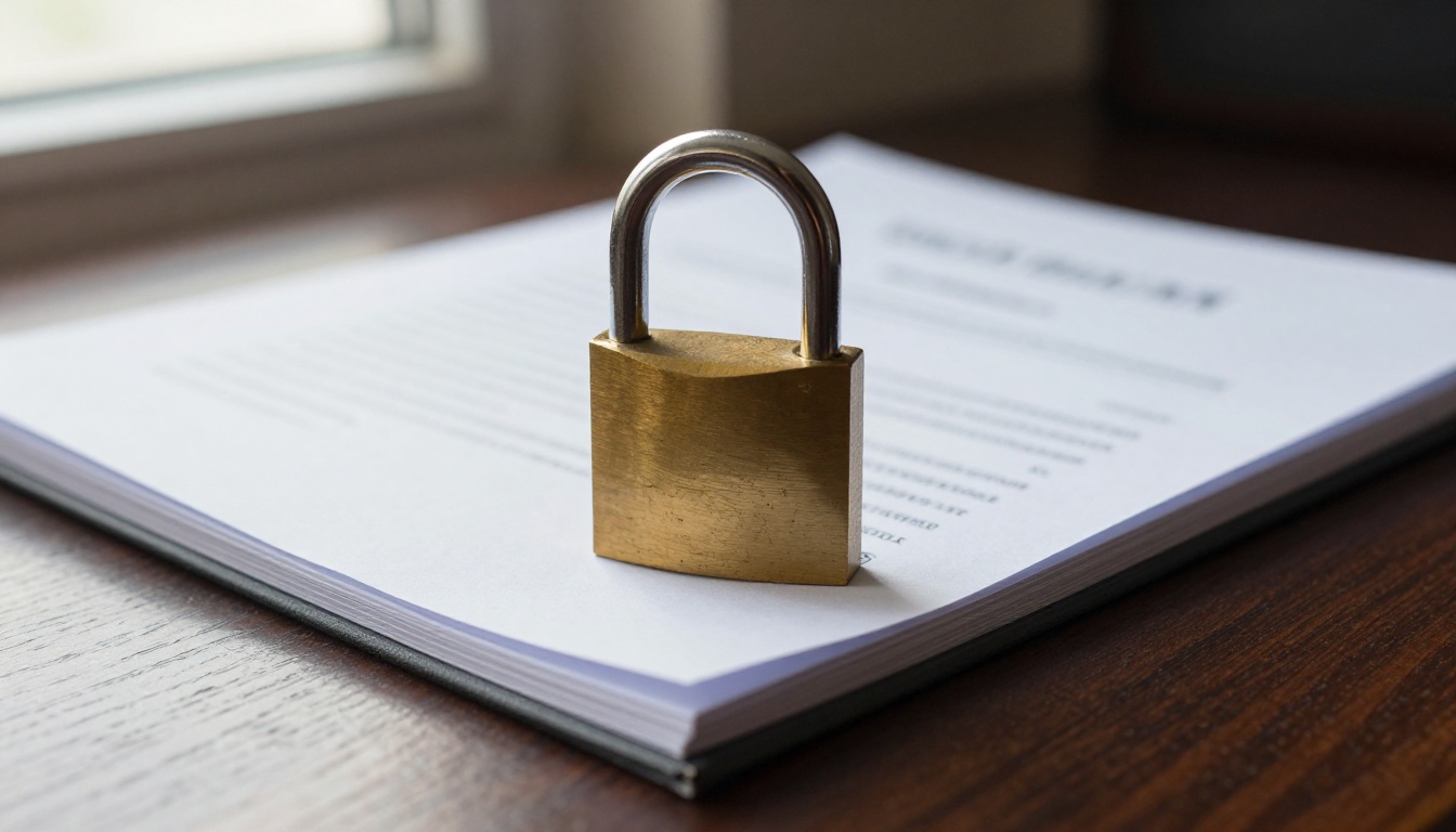 A brass padlock on a closed folder of official documents A brass padlock on a closed folder of official documents