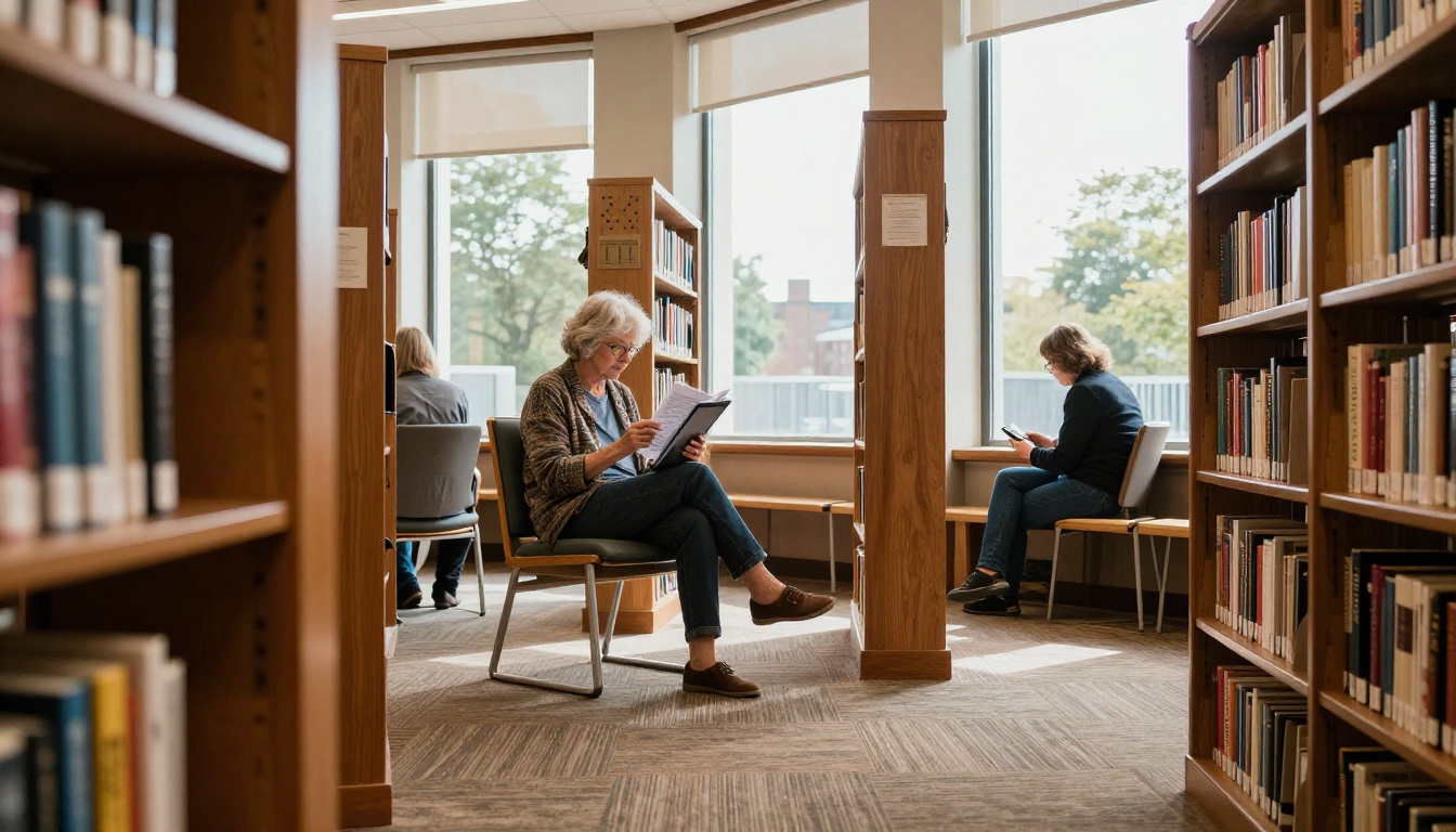An older woman using a tablet at a library with a librarian helping An older woman using a tablet at a library with a librarian helping