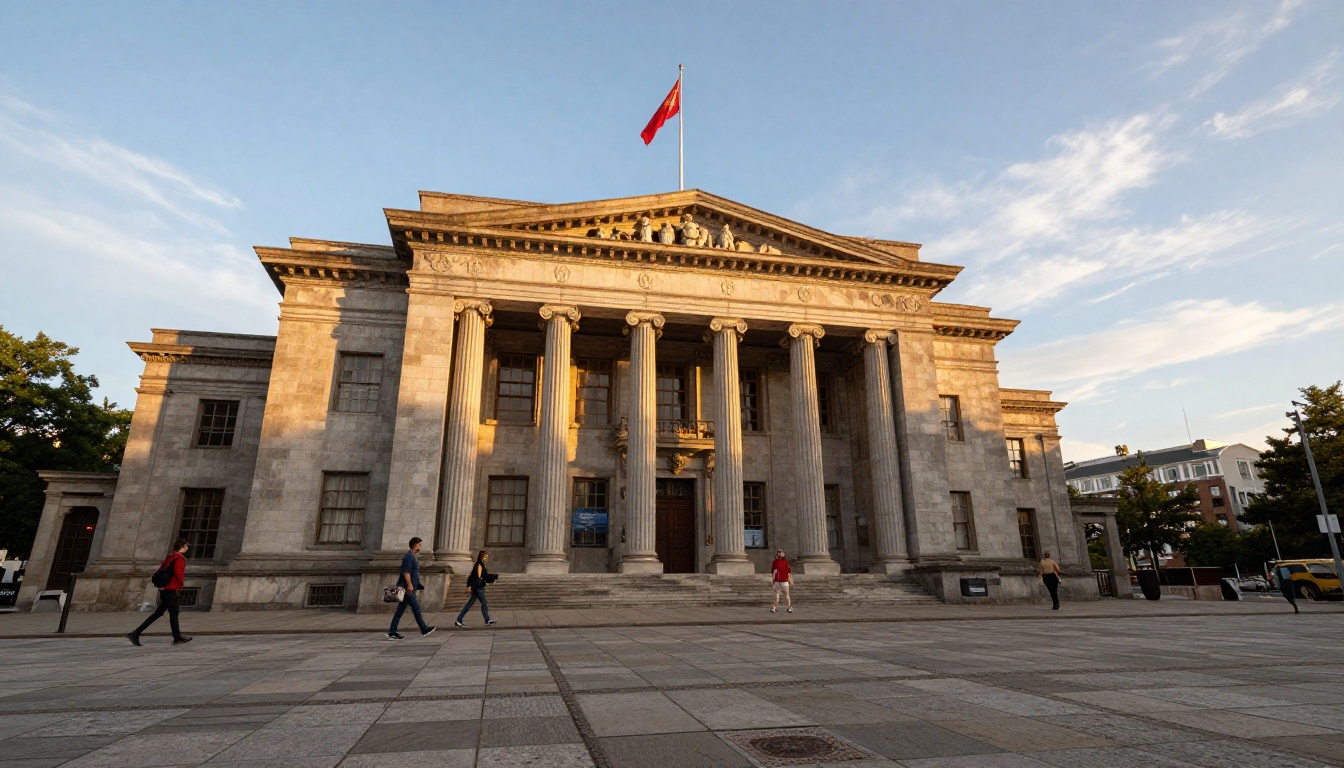 City hall exterior with stone columns and a flag in late afternoon light City hall exterior with stone columns and a flag in late afternoon light