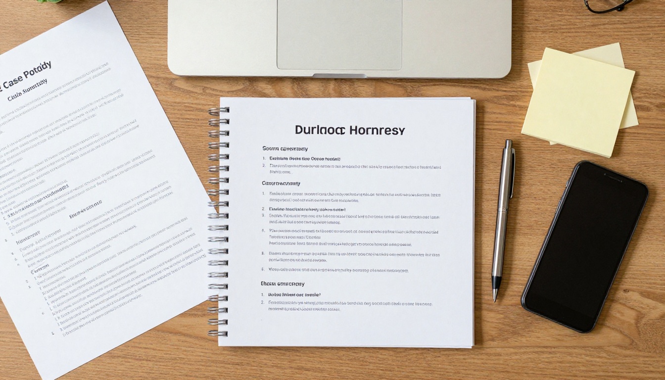 Aerial view of case study pages fanned out on a desk