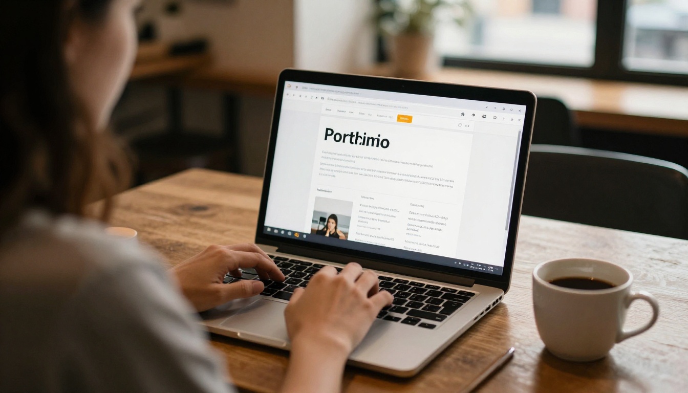Freelance marketer working on a portfolio page in a cafe