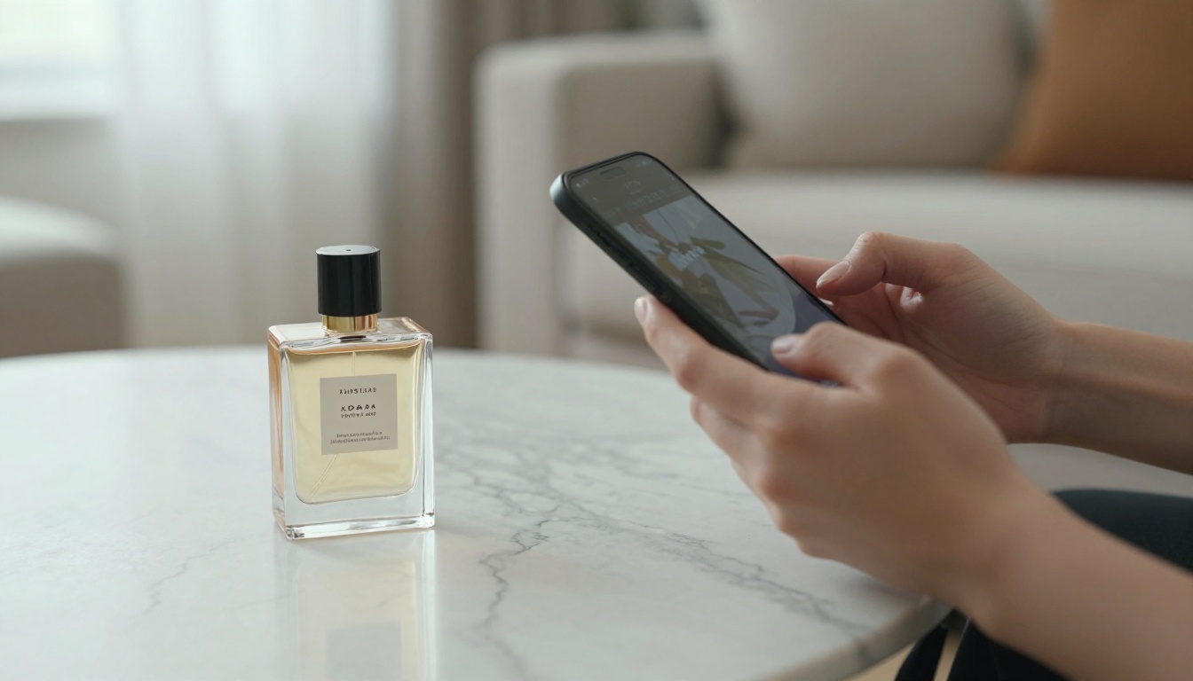 A woman photographing a perfume bottle on a marble slab with her smartphone A woman photographing a perfume bottle on a marble slab with her smartphone