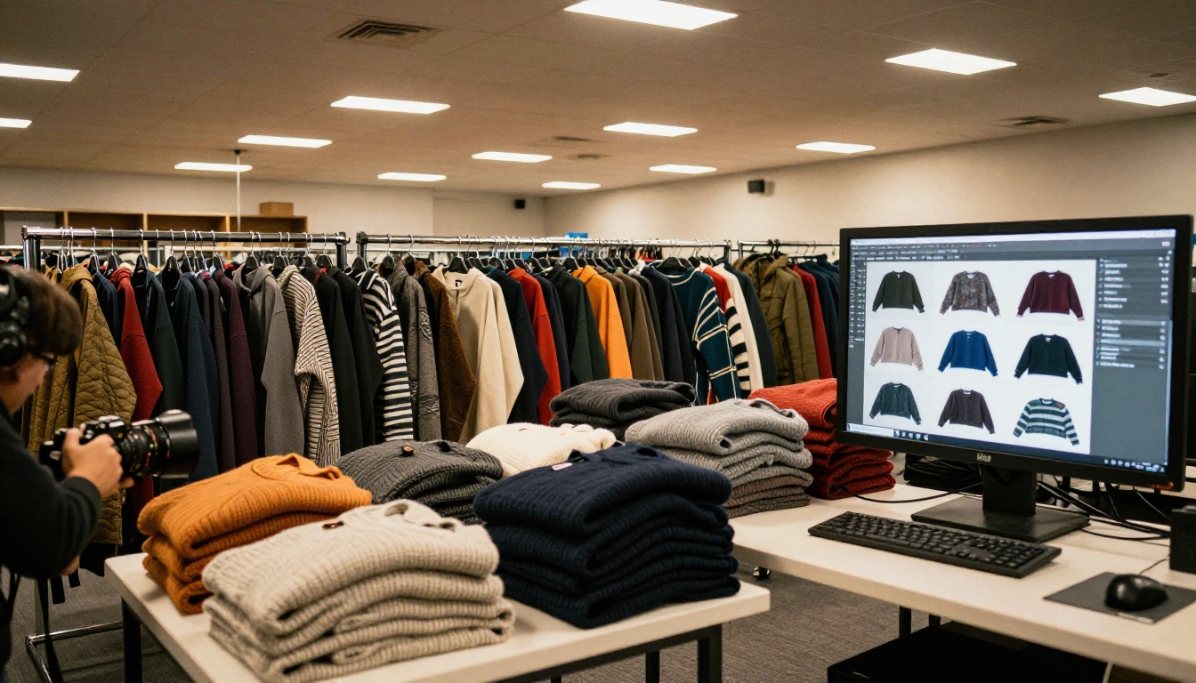Wide shot of a warehouse photo station with folded sweaters and a monitor showing a batch of product photos Wide shot of a warehouse photo station with folded sweaters and a monitor showing a batch of product photos