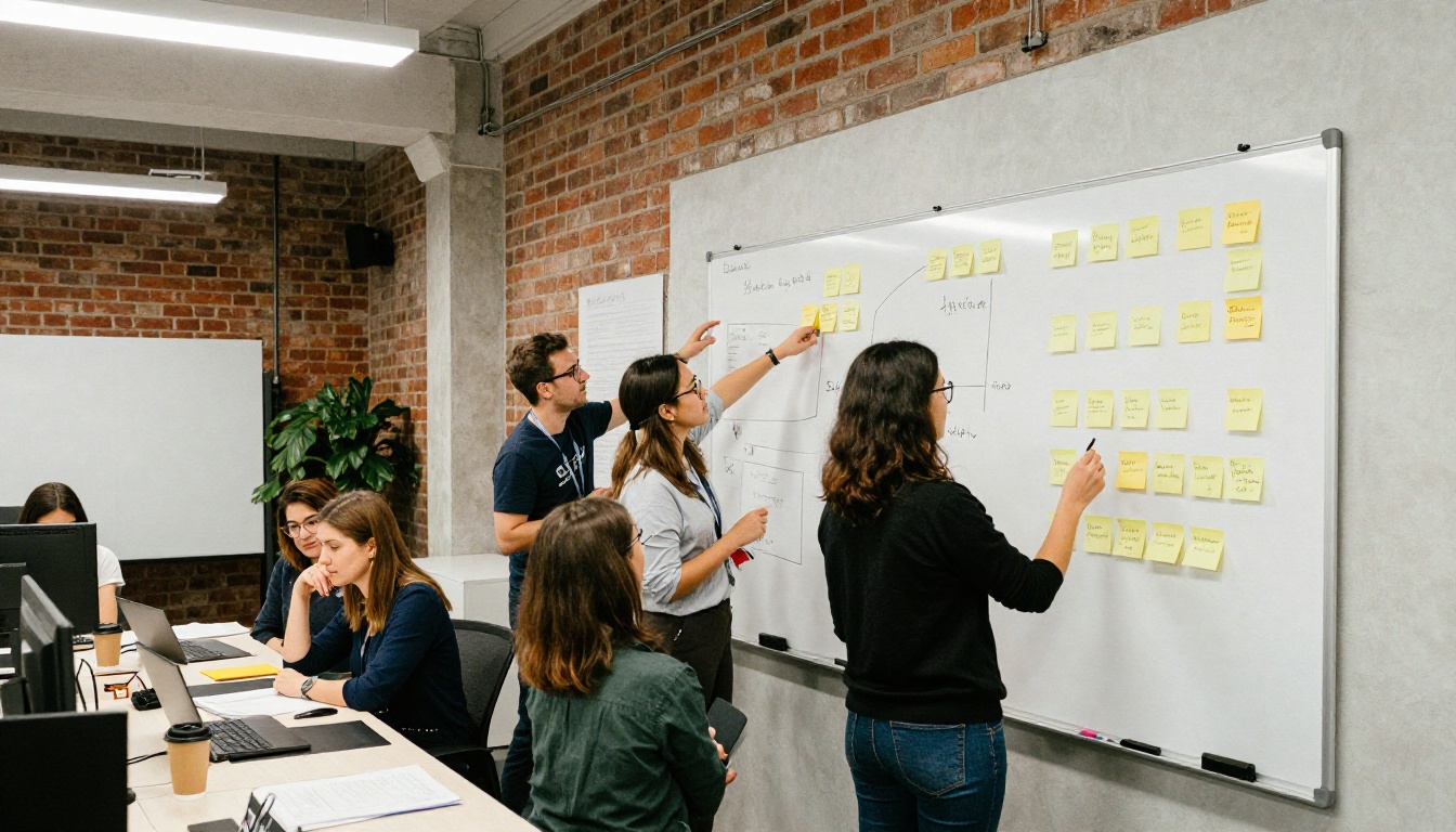 Marketing team planning a campaign at a whiteboard