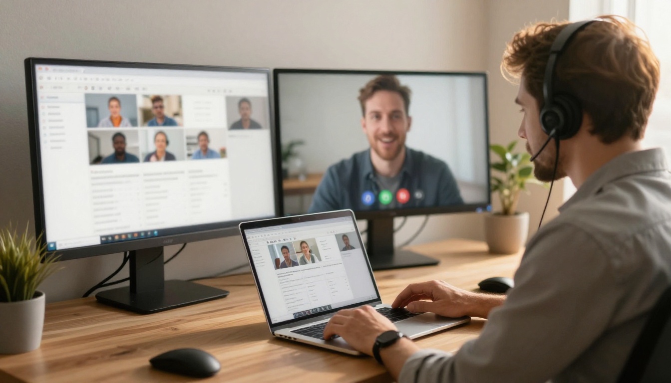 Marketer on a video call at a standing desk