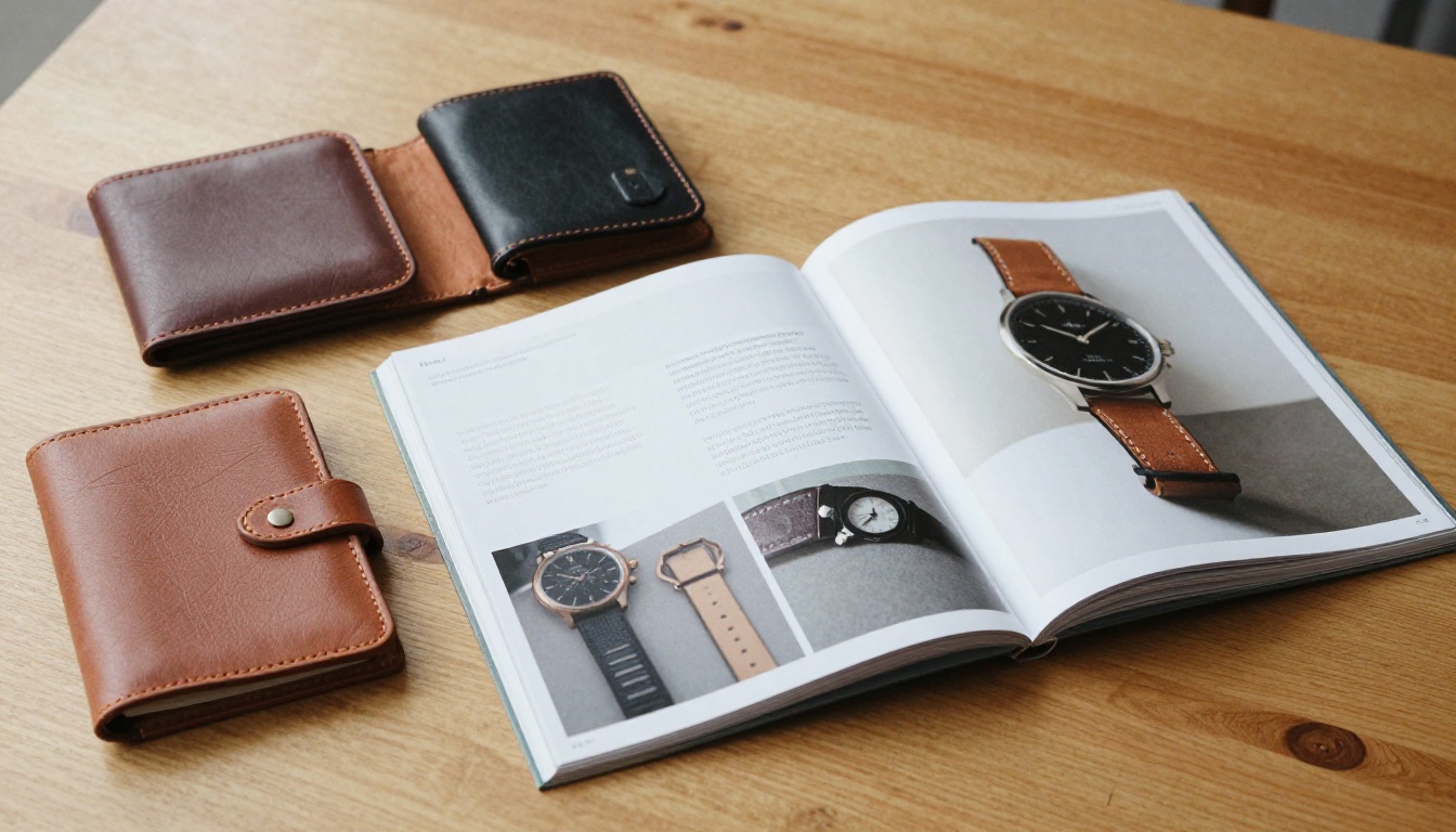 Flat-lay of a printed product catalog opened on a wooden table with watches and leather wallets Flat-lay of a printed product catalog opened on a wooden table with watches and leather wallets