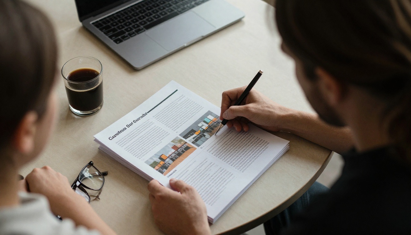 Two colleagues reviewing a printed quarterly results booklet