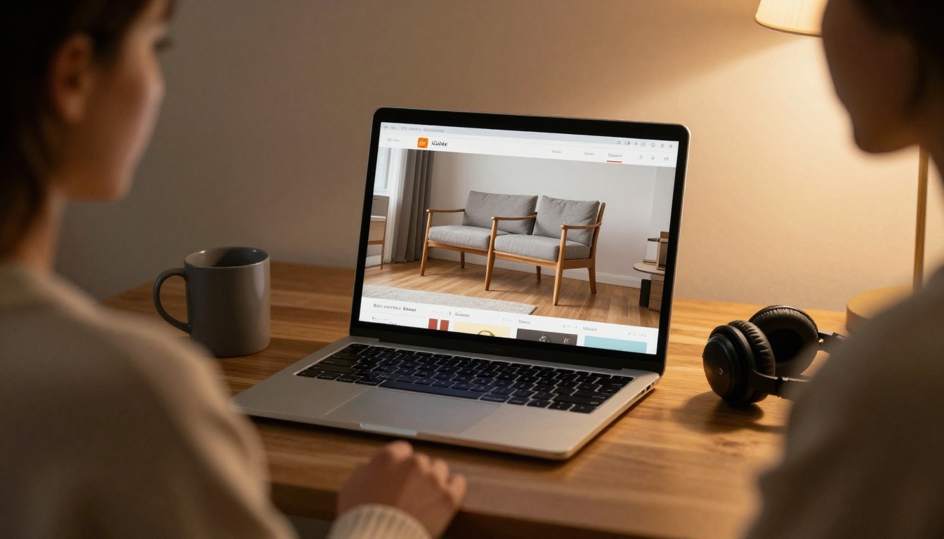 Over-the-shoulder shot of a designer browsing a digital flipbook catalog of furniture on a laptop Over-the-shoulder shot of a designer browsing a digital flipbook catalog of furniture on a laptop
