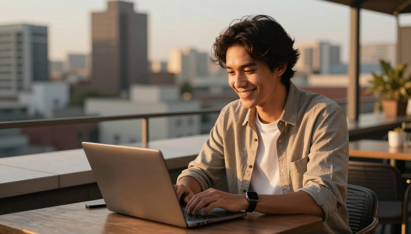 Marketer smiling on a rooftop terrace at sunset after closing a laptop