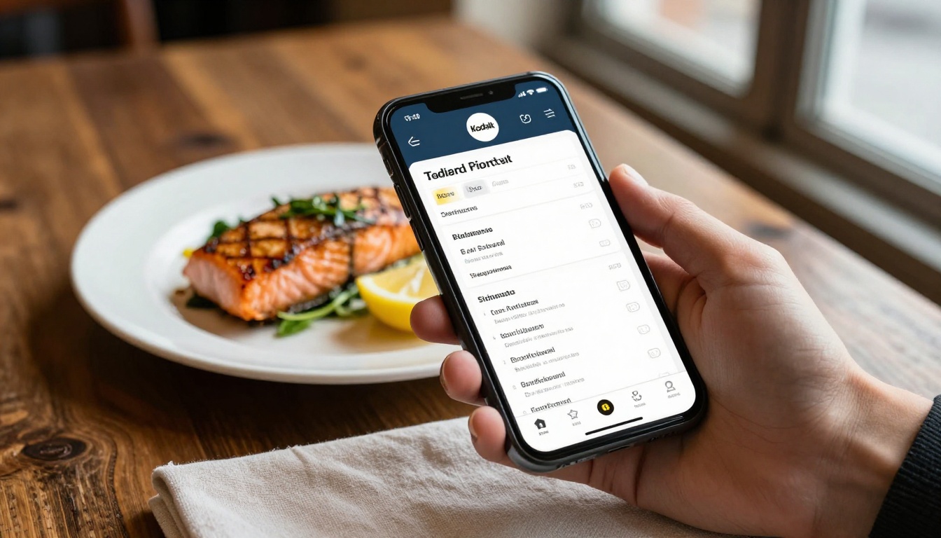 Diner holding a smartphone with a digital menu beside grilled salmon Diner holding a smartphone with a digital menu beside grilled salmon