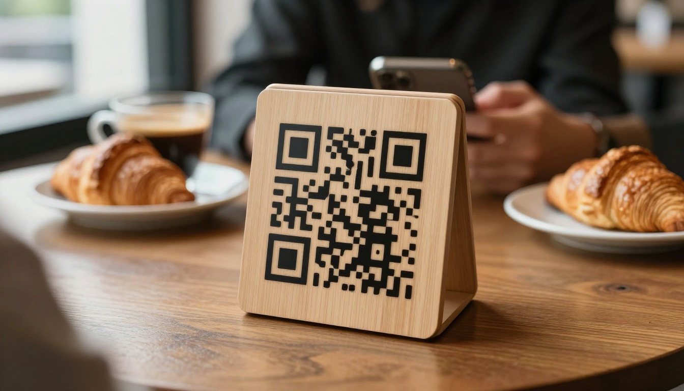 Customer scanning a QR code stand on a cafe table Customer scanning a QR code stand on a cafe table