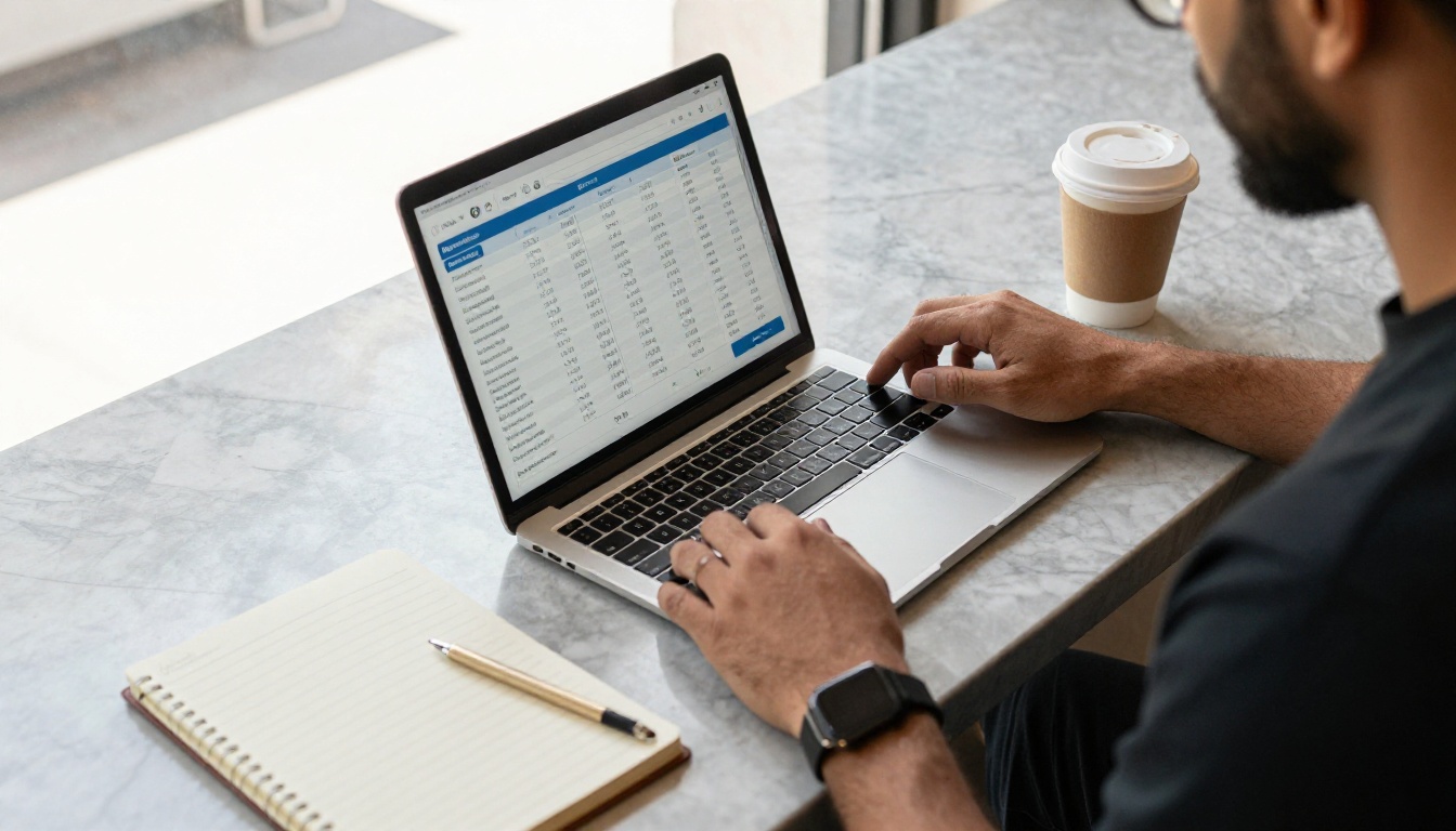 Restaurant owner reviewing sales dashboards on a tablet and laptop at a marble counter Restaurant owner reviewing sales dashboards on a tablet and laptop at a marble counter