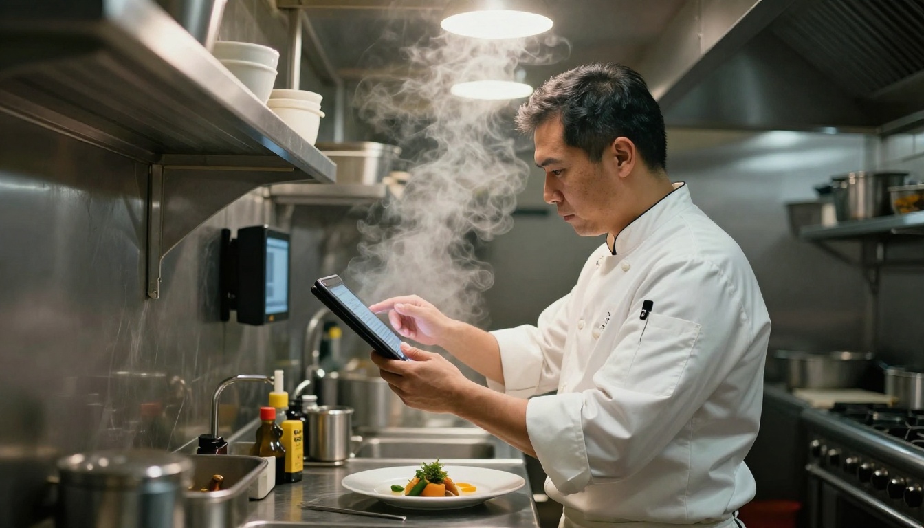 Chef reading an incoming order on a wall-mounted tablet in a steel kitchen Chef reading an incoming order on a wall-mounted tablet in a steel kitchen